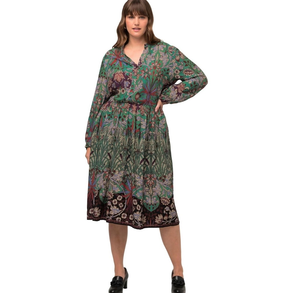Ulla Popken Von Landen Size 16/18 Midi Dress Curvy Patch Print Long Sleeve Plus